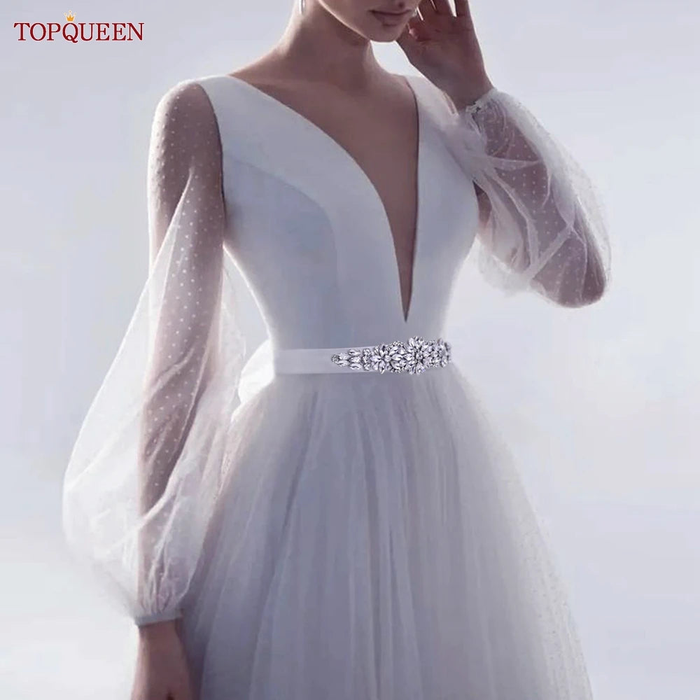 TOP Queen S407-B Women Elastic Belts for Party Dress Gown Silver Rhineston