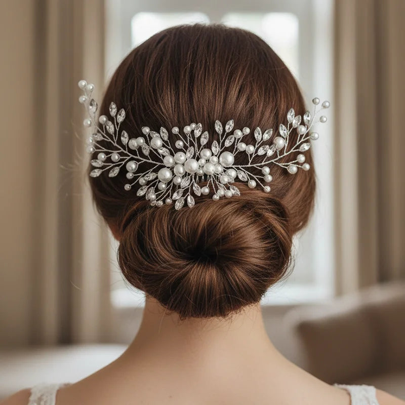 Extra Long Pearl Wedding Hair Comb Silver Crystal Bridal Hair