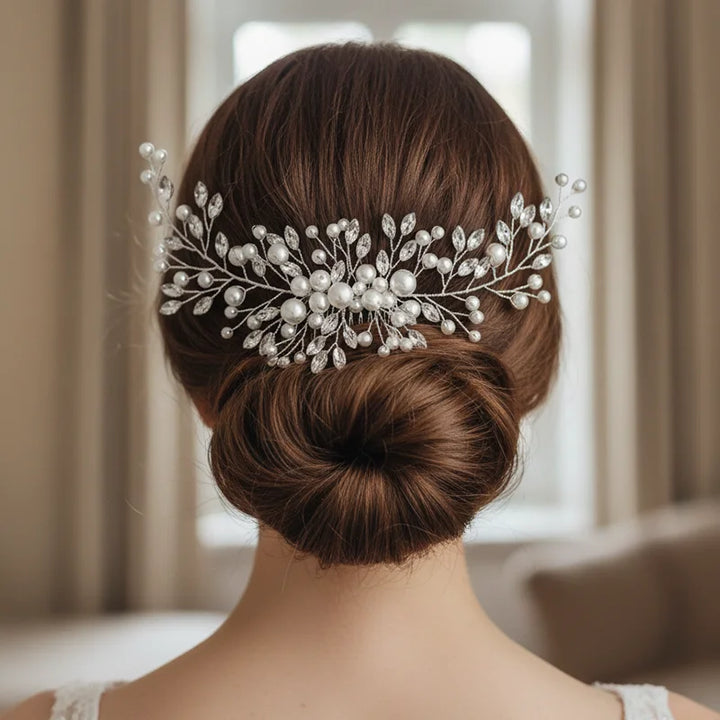 Extra Long Pearl Wedding Hair Comb Silver Crystal Bridal Hair