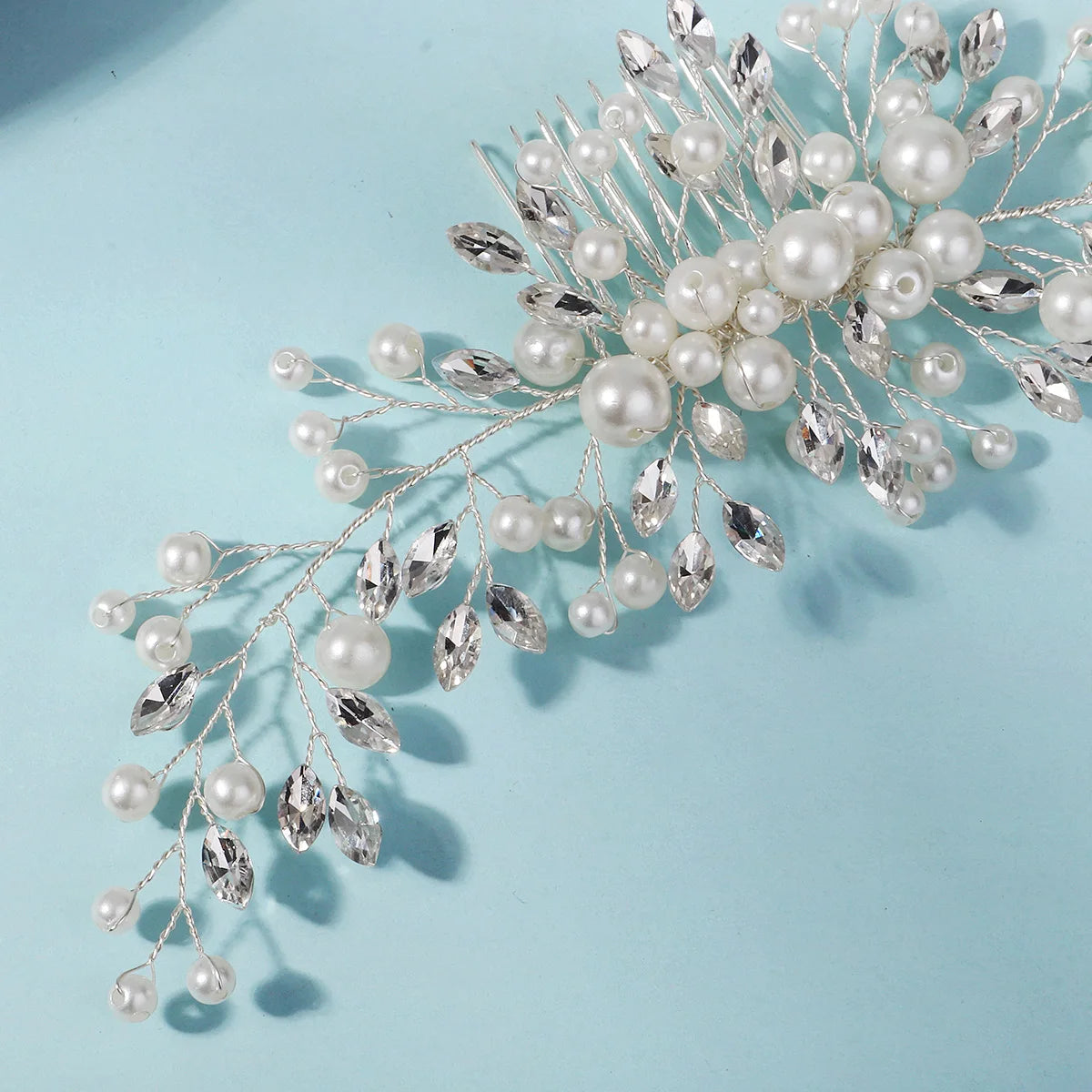 Extra Long Pearl Wedding Hair Comb Silver Crystal Bridal Hair