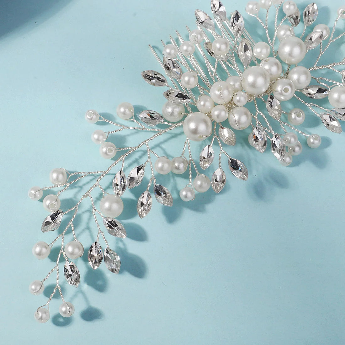 Extra Long Pearl Wedding Hair Comb Silver Crystal Bridal Hair