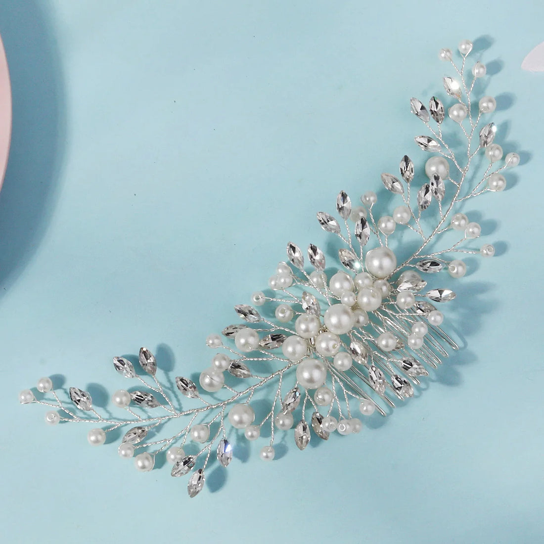 Extra Long Pearl Wedding Hair Comb Silver Crystal Bridal Hair