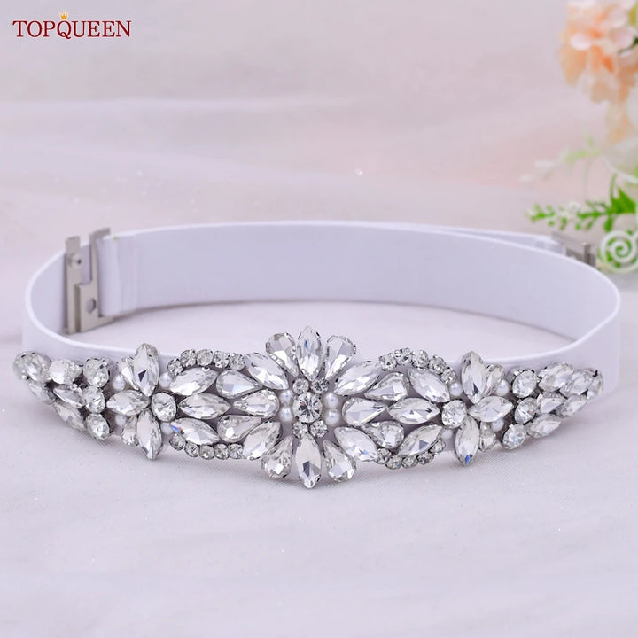 TOP Queen S407-B Women Elastic Belts for Party Dress Gown Silver Rhineston