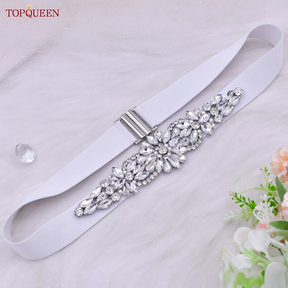 TOP Queen S407-B Women Elastic Belts for Party Dress Gown Silver Rhineston
