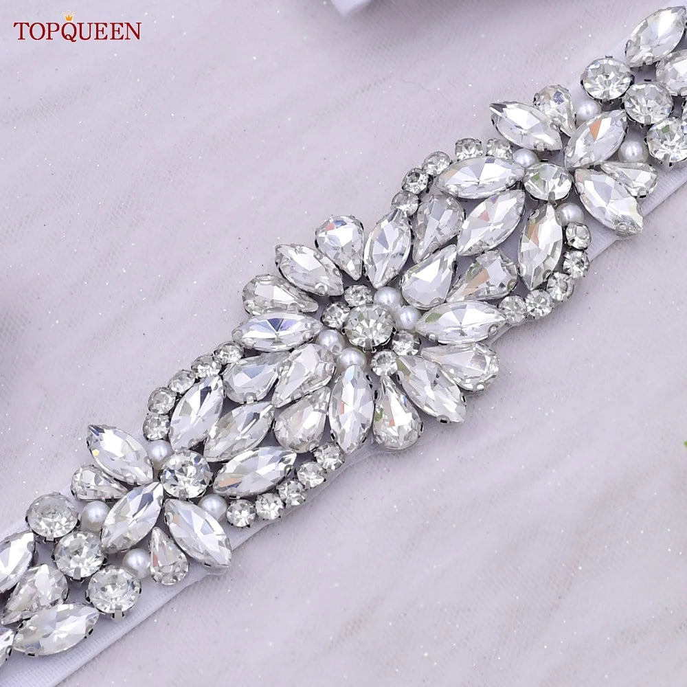 TOP Queen S407-B Women Elastic Belts for Party Dress Gown Silver Rhineston
