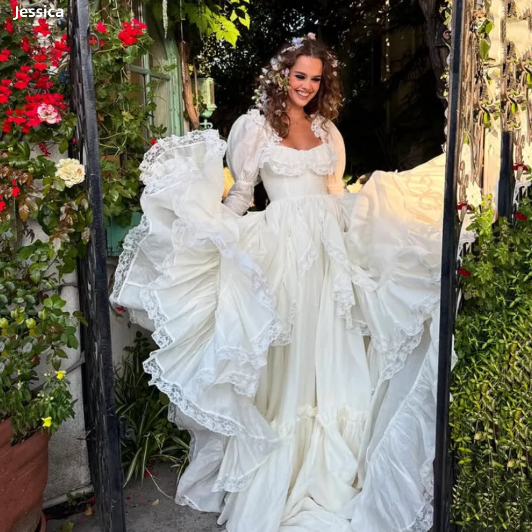 Jessica Sweet Princess Evening Dresses Long Sleeves White Prom Dresses