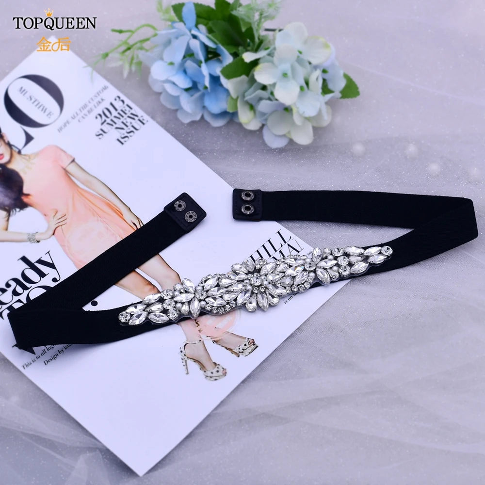 TOP Queen S407-B Women Elastic Belts for Party Dress Gown Silver Rhineston