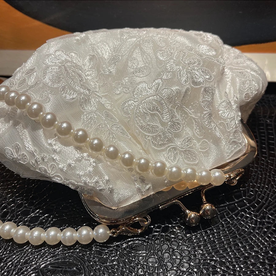 Embroidered Evening Handbags Pearl Chain Shoulder Bag All Party