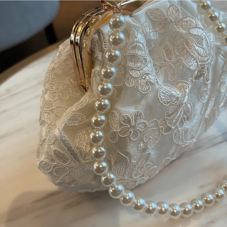 Embroidered Evening Handbags Pearl Chain Shoulder Bag All Party