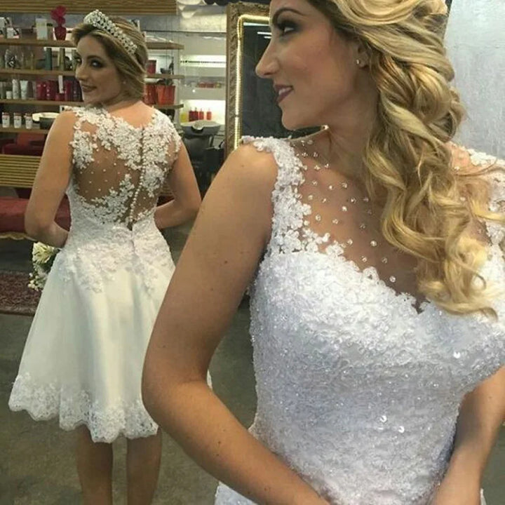 White Lace Appliques Short Wedding Dresses Sheer Back Buttons