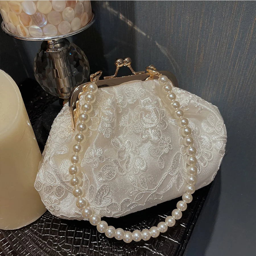 Embroidered Evening Handbags Pearl Chain Shoulder Bag All Party