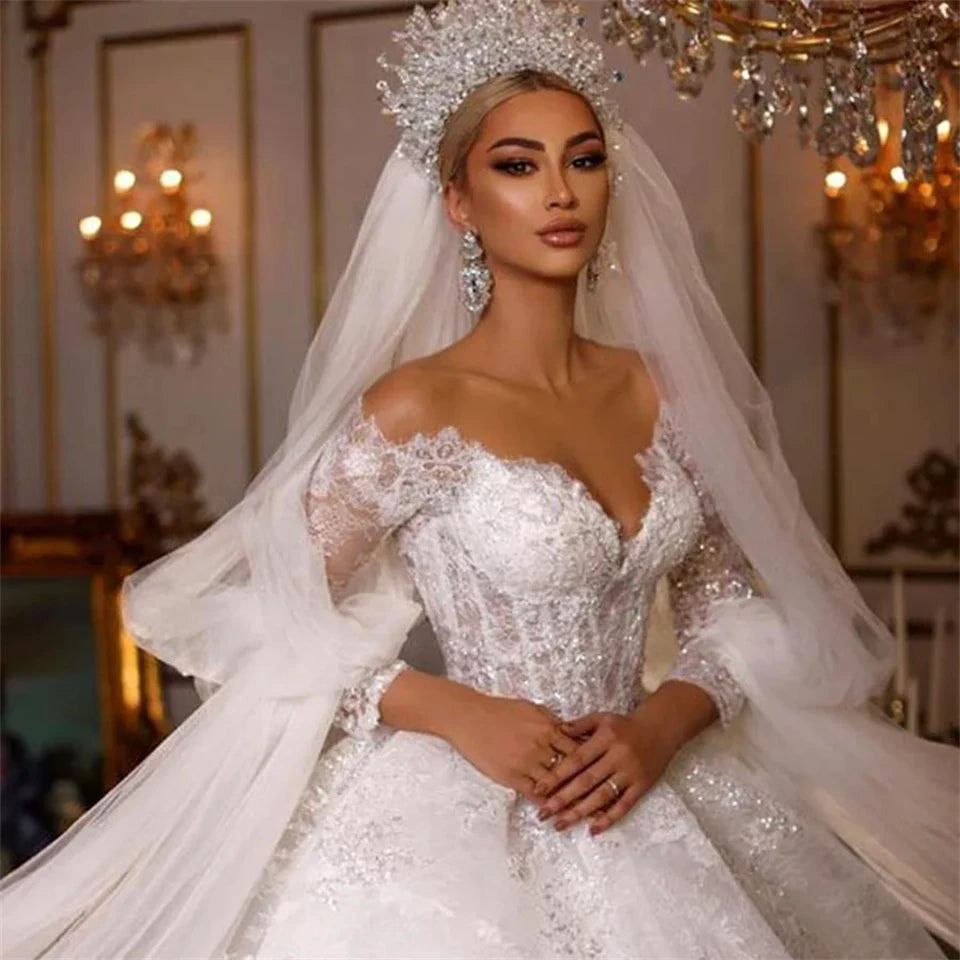 Luxury V Neck Appliques Sequins Ball Gown Wedding Dresses For Women
