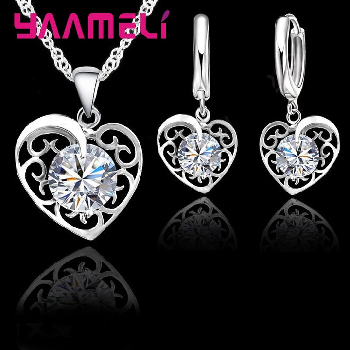 Romantic Heart Jewelry Set Women 925 Sterling Silver Wedding Necklace