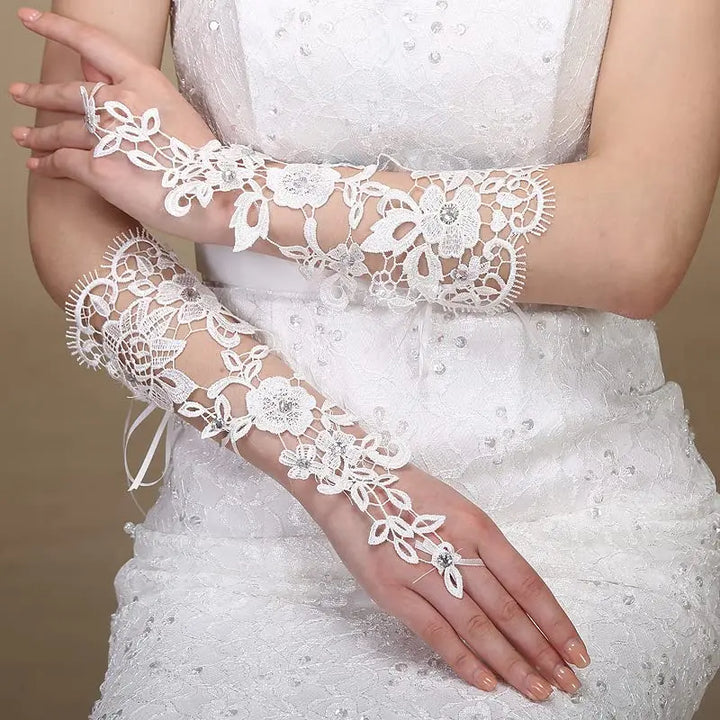 Lace Crystal Women’s Wedding Gloves Fingerless Elbow Bridal Lace