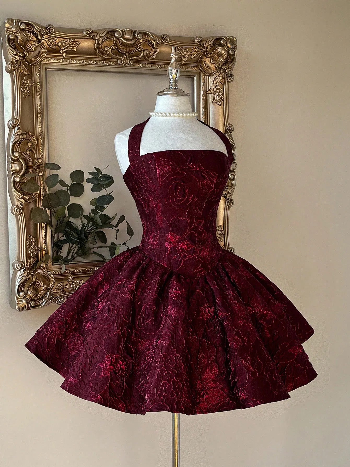 Burgundy Jacquard Halter Backless A-Line Mini Dress for Formal Events