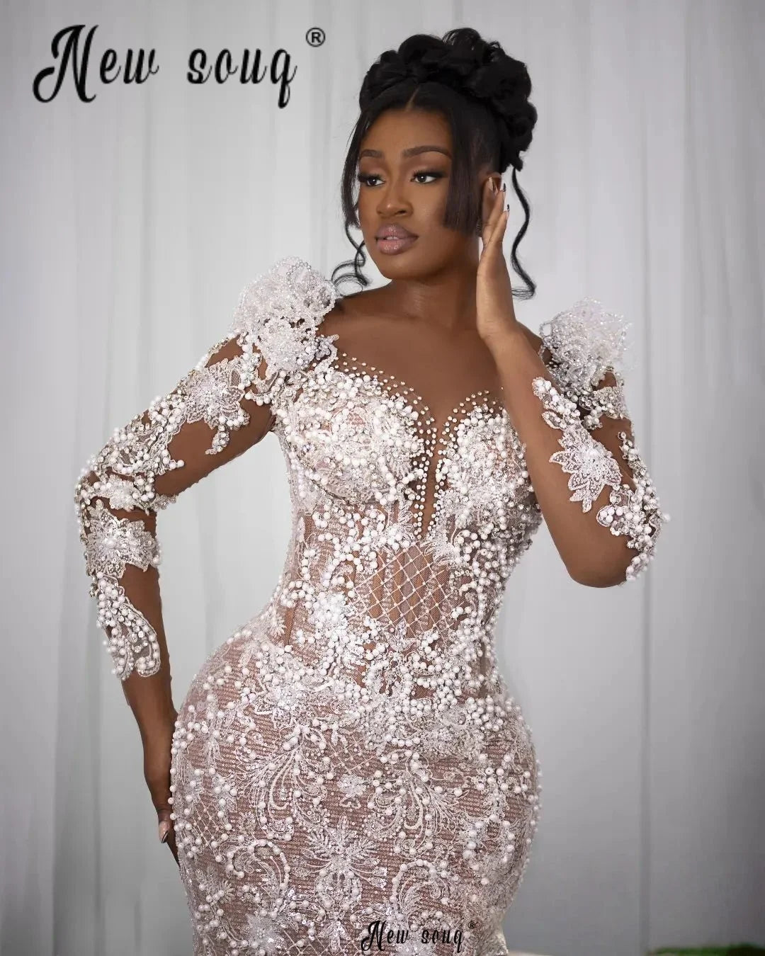 African Wedding Dress Luxury Long Mermaid Beaded Lace Ruffles