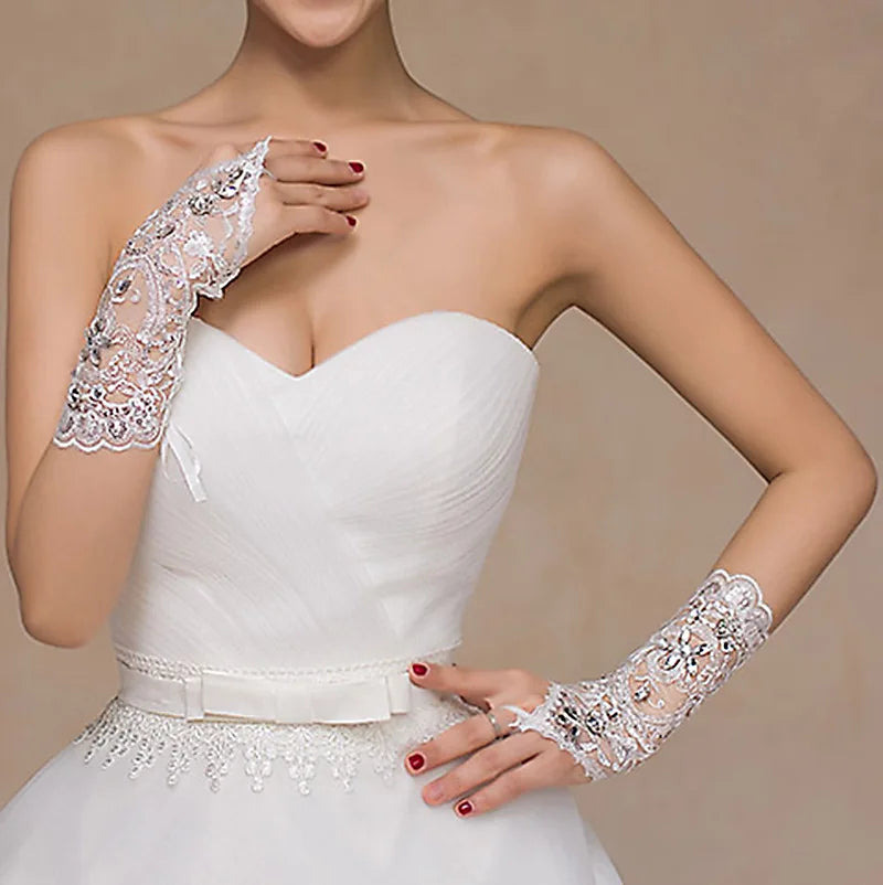 Elegant Women' Wedding Lace Gloves Bridal Fingerless Crystal Sequins