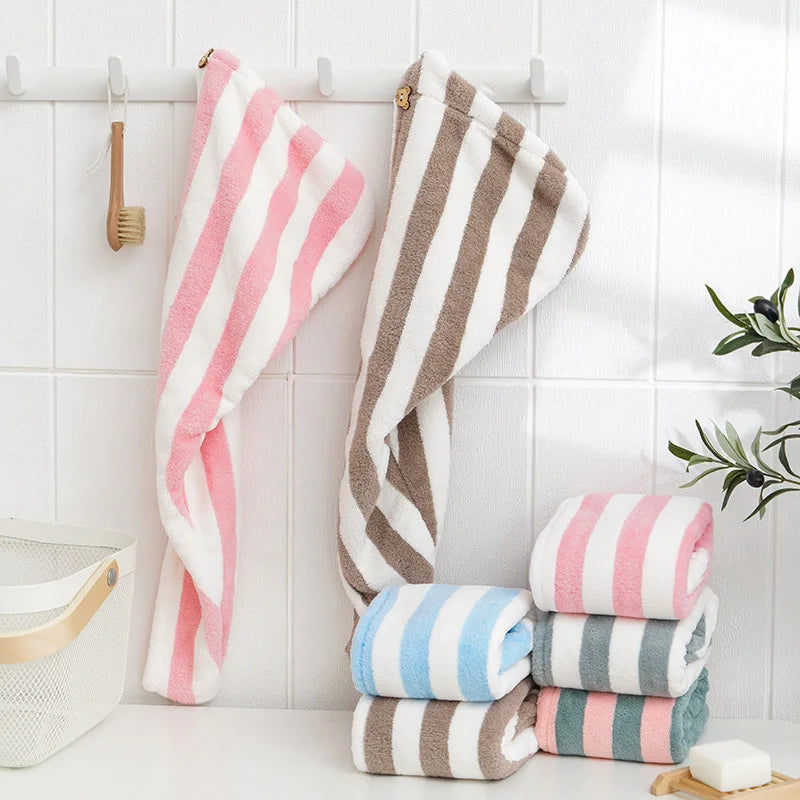 Microfiber Coral Fleece Striped Hair Towel Cap for Women Quick-Dry Hair Wrap
