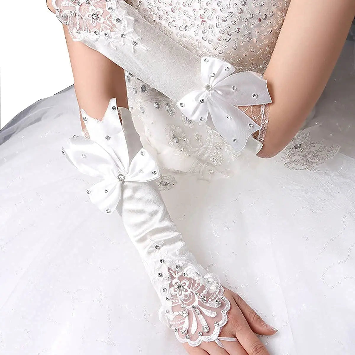 Satin Long Women’s Wedding Gloves Ivory Fingerless Lace Bridal Accessory