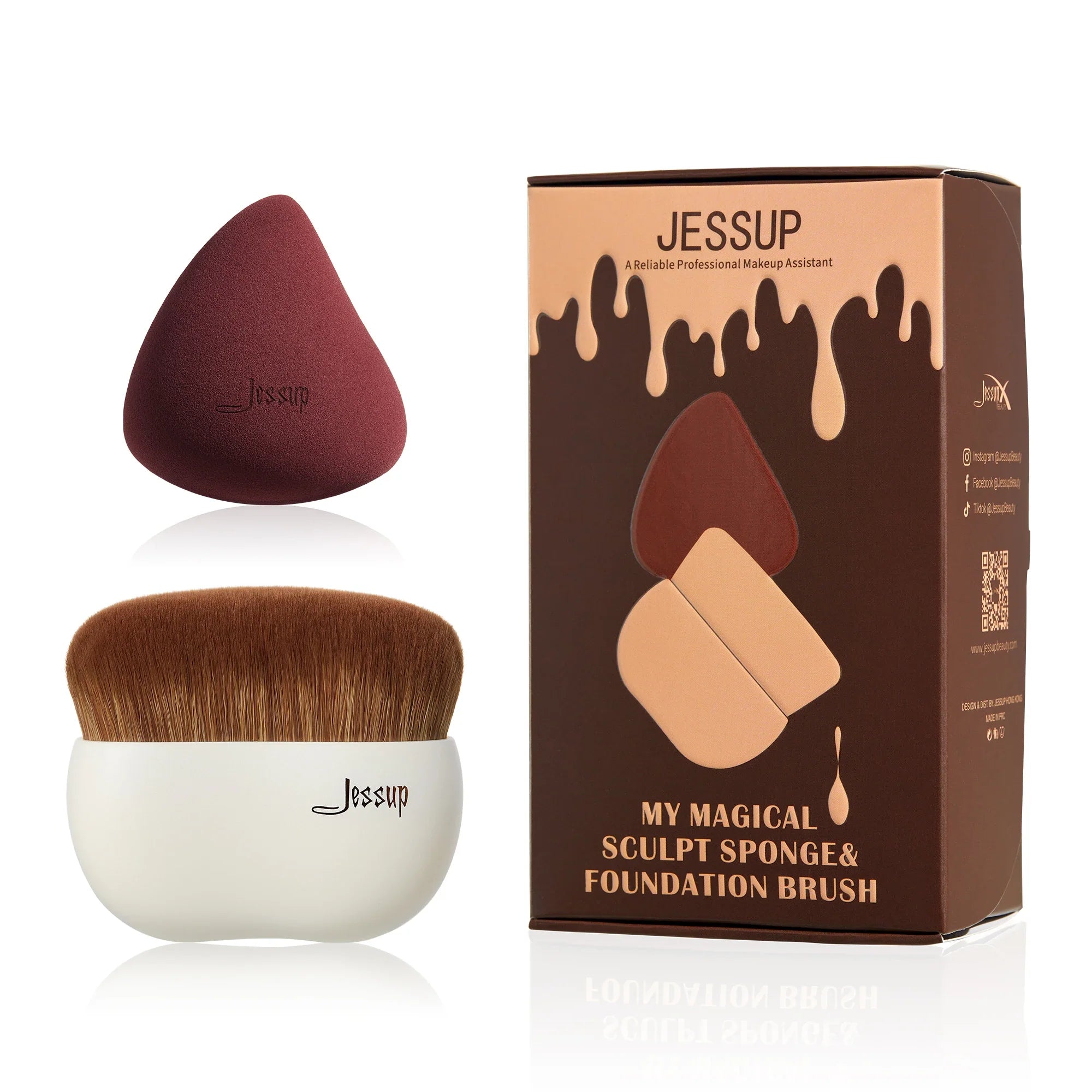 Jessup Foundation Brush with Makeup Sponge, Black Makeup Brush Flat