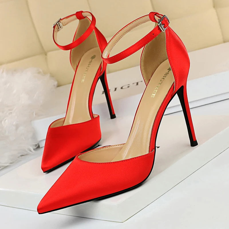 BIGTREE Shoes Satin With Shallow Pointed Women Pumps Buckle Heels