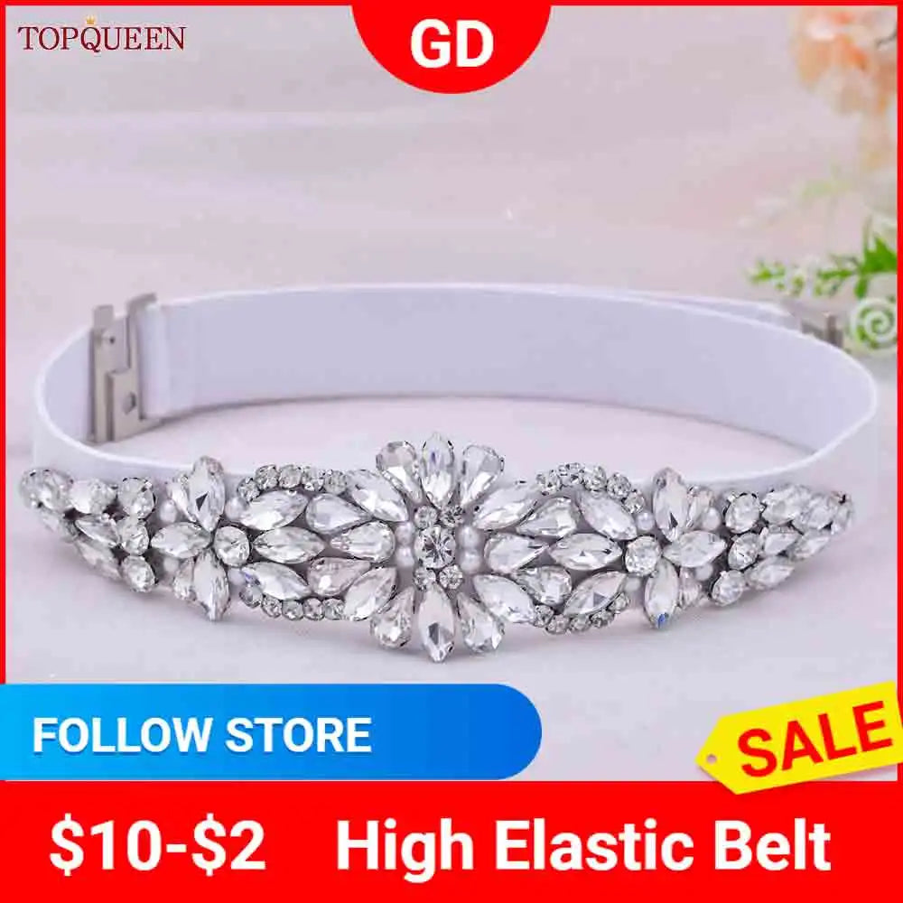 TOP Queen S407-B Women Elastic Belts for Party Dress Gown Silver Rhineston