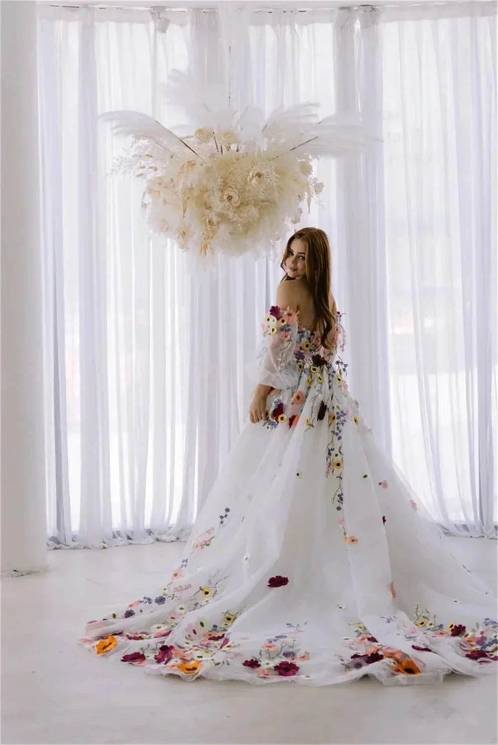 3d Flowers Puff Sleeves Bridal Dress Embroidery Dresses Wedding Party