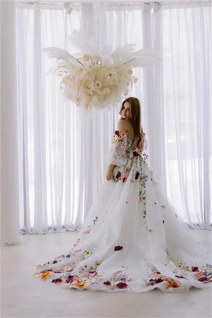 3d Flowers Puff Sleeves Bridal Dress Embroidery Dresses Wedding Party