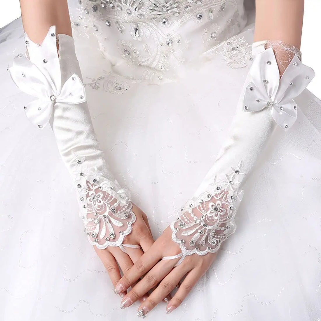 Satin Long Women’s Wedding Gloves Ivory Fingerless Lace Bridal Accessory