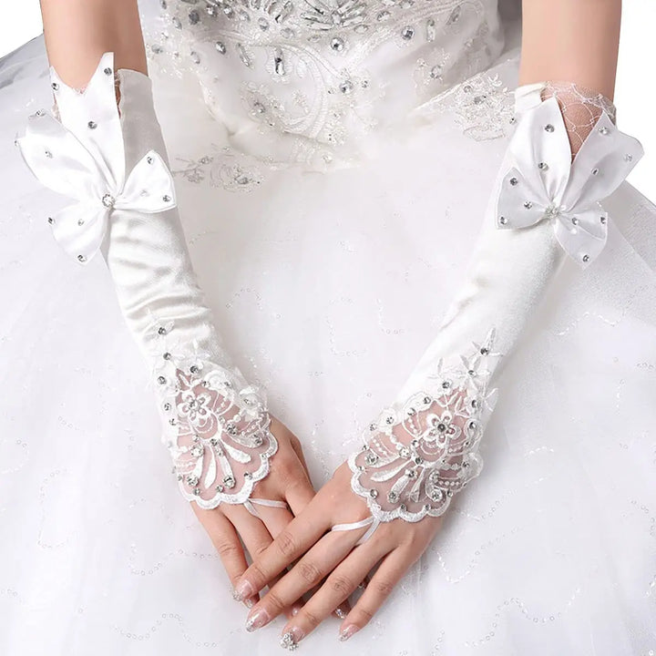 Satin Long Women’s Wedding Gloves Ivory Fingerless Lace Bridal Accessory