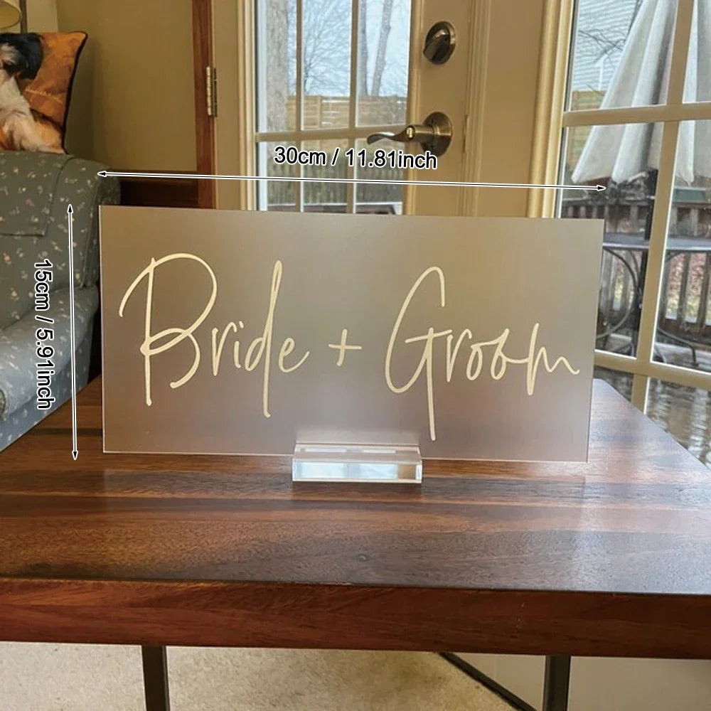 Bride and Groom Mr and Mrs Table Signs, Clear Glass Look Acrylic Head Table Sign