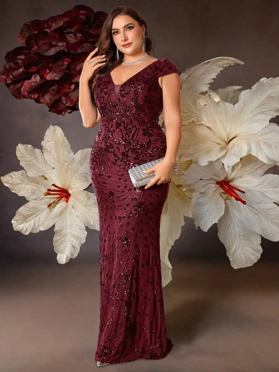 Burgundy Sequin V-Neck Cap Sleeve Fishtail Evening Dress for Women