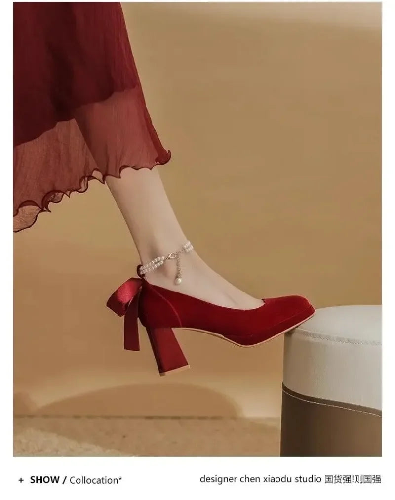 Red Bow Pearl Mary Jane Platform Waterproof Lolita Heels for Women
