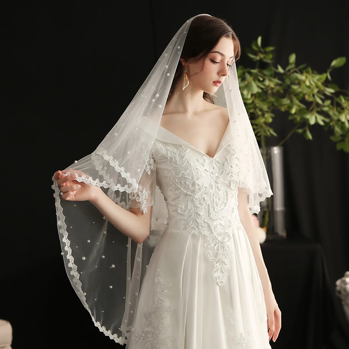 Mantilla Bridal Veils Lace Edge Pearl Wedding Veil Bride Española Wedding