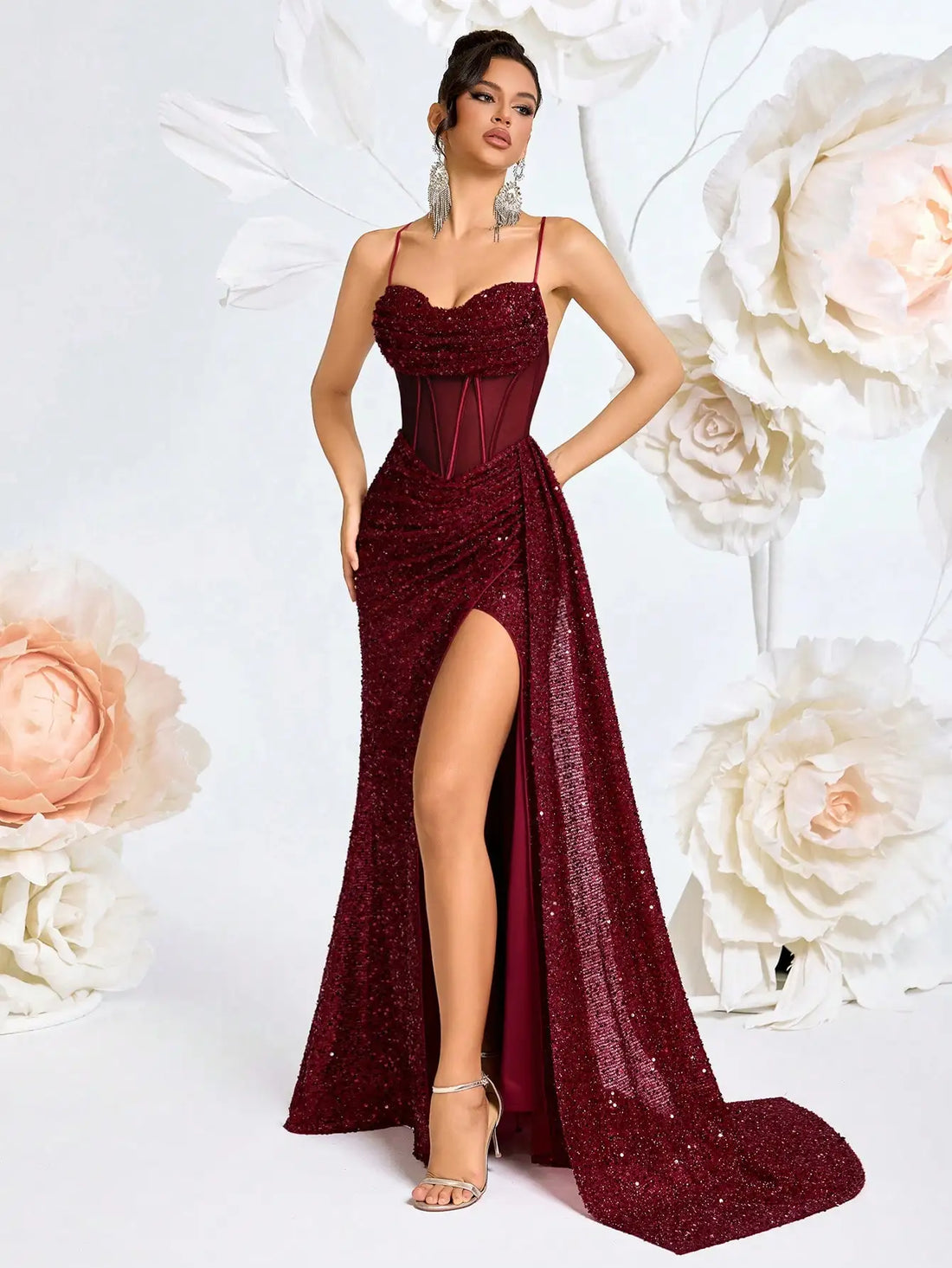 Burgundy Sequin Spaghetti Strap Evening Gown with luxury wedding dress