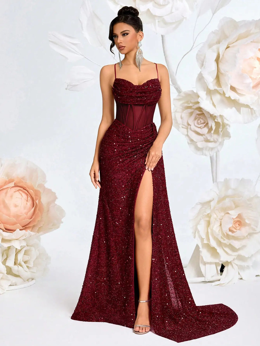 Burgundy Sequin Spaghetti Strap Evening Gown with luxury wedding dress