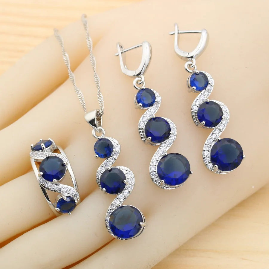 Classic Blue Zirconia 925 Silver Jewelry Sets for Women Earrings Necklace