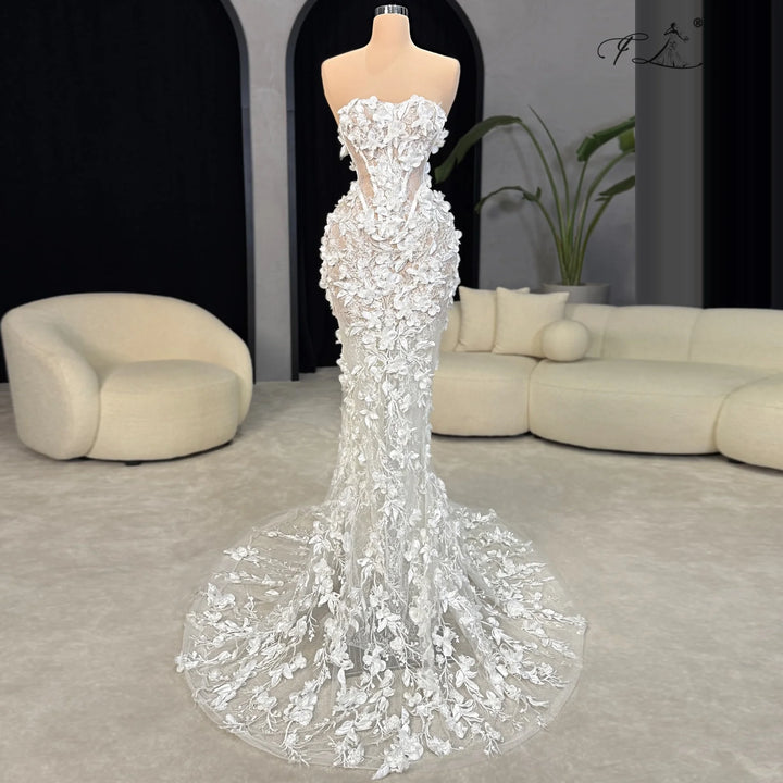 3D Applique Lace Long Dress Mermaid Wedding Dress Lace Floral Dress