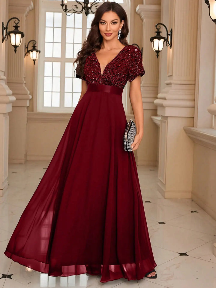 Burgundy Sequin Evening Gown with Short Sleeves luxury wedding dress
