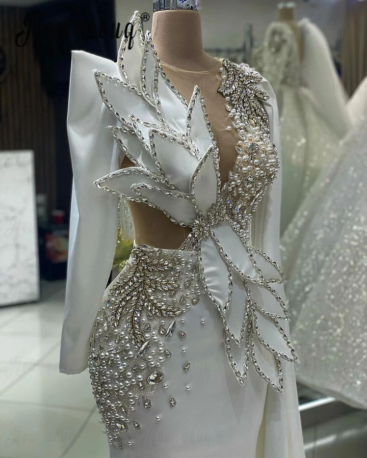 Chic Nude Deep V Neck White Satin Evening Dress Cape luxury wedding dress
