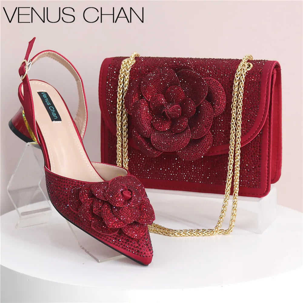 Peach Color Elegant Lady Shoes And Bag Set with Rhinestone Heel
