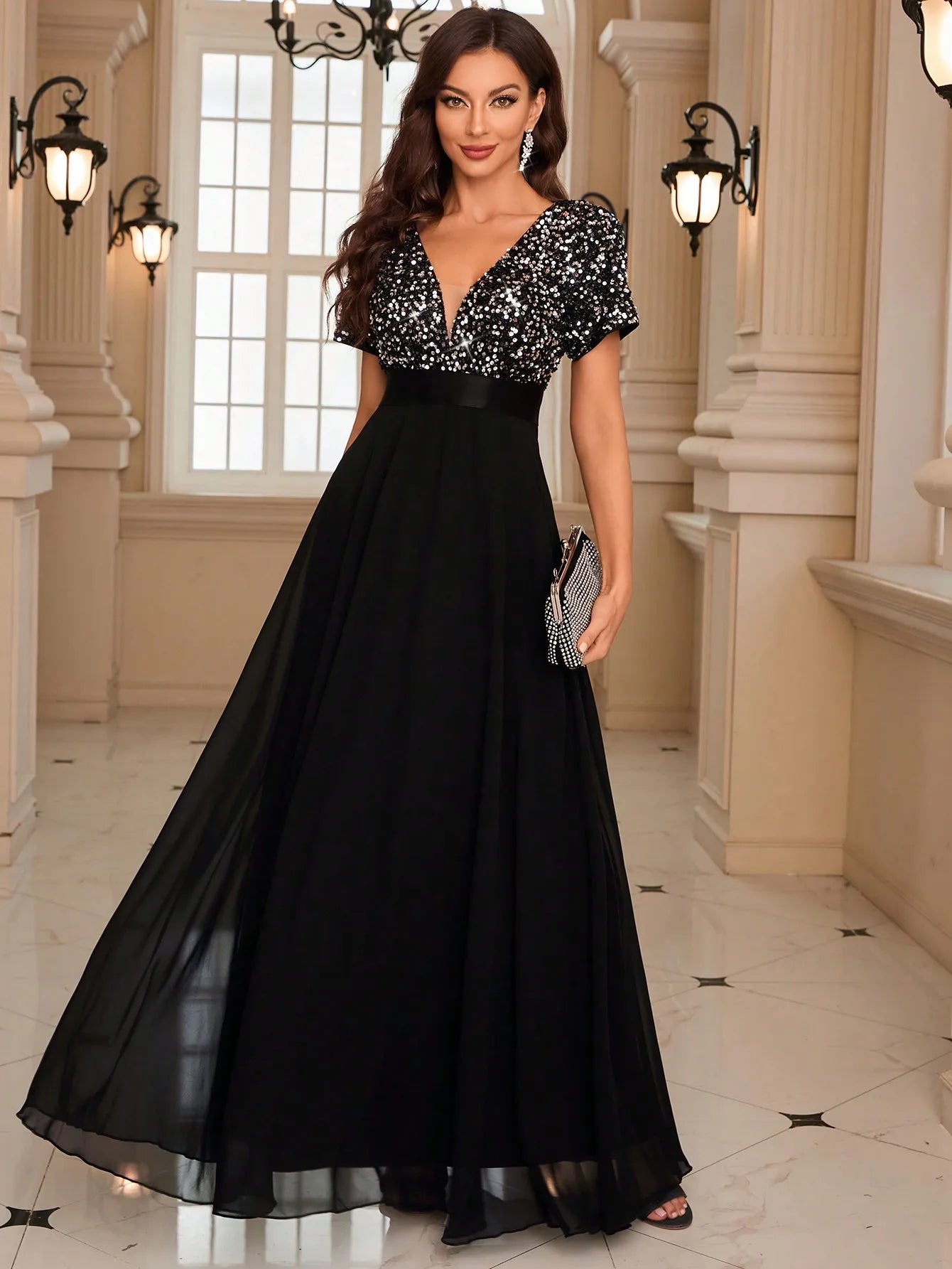 Burgundy Sequin Evening Gown with Short Sleeves luxury wedding dress
