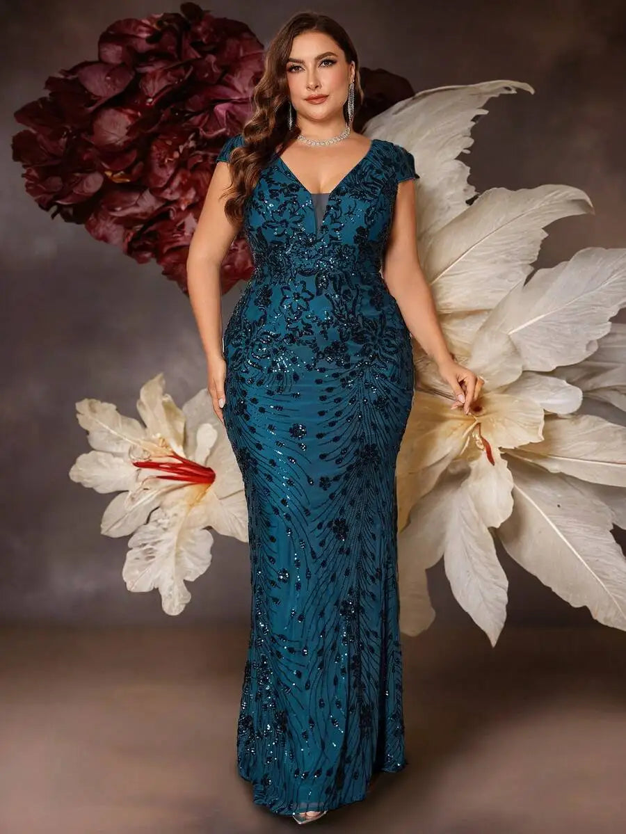 Burgundy Sequin V-Neck Cap Sleeve Fishtail Evening Dress for Women