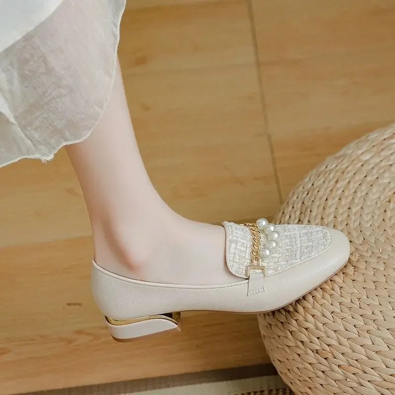 Medium Heels Pearl Women's Shoes Square Toe Ladies Pumps Shoe