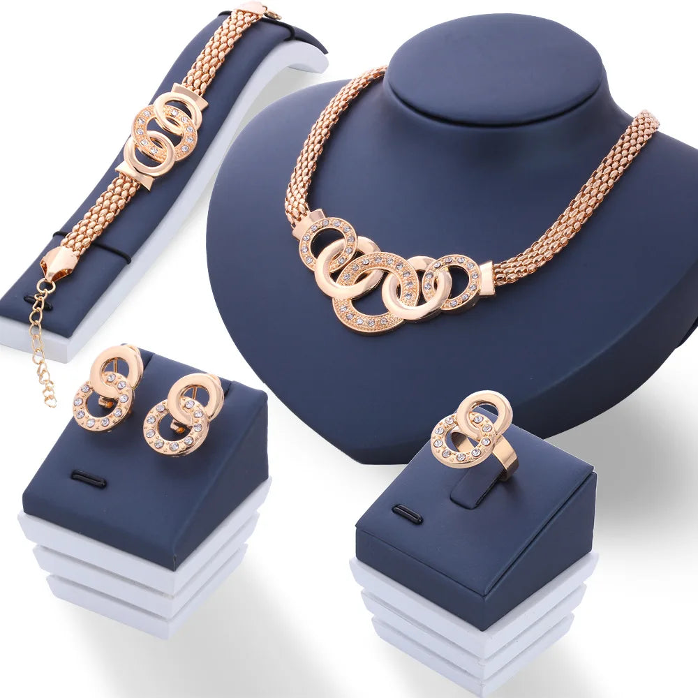 4 Pcs Set Luxury Gold Color Geometric Circle Zircon Necklace Earrings Ring