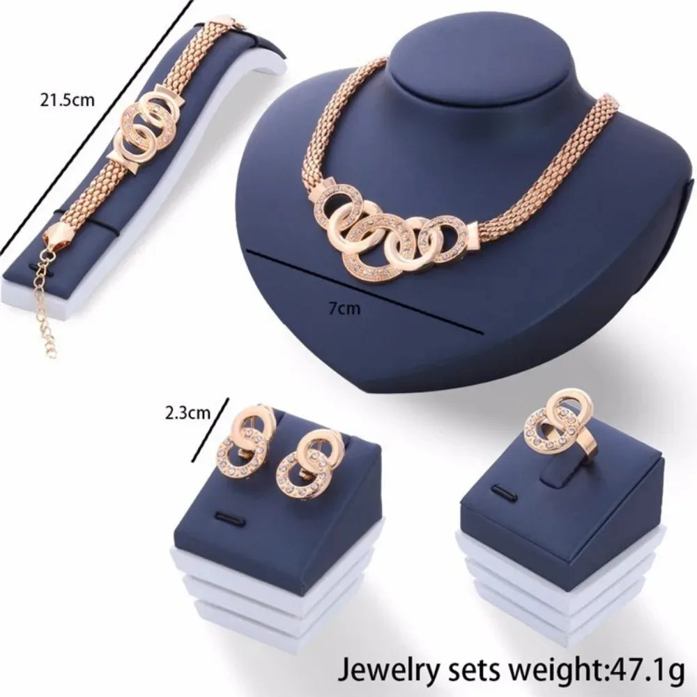 4 Pcs Set Luxury Gold Color Geometric Circle Zircon Necklace Earrings Ring