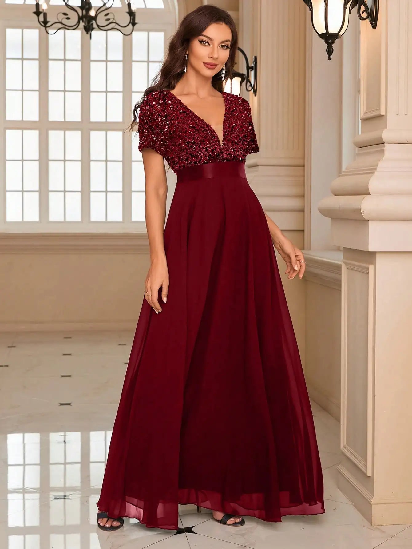 Burgundy Sequin Evening Gown with Short Sleeves luxury wedding dress