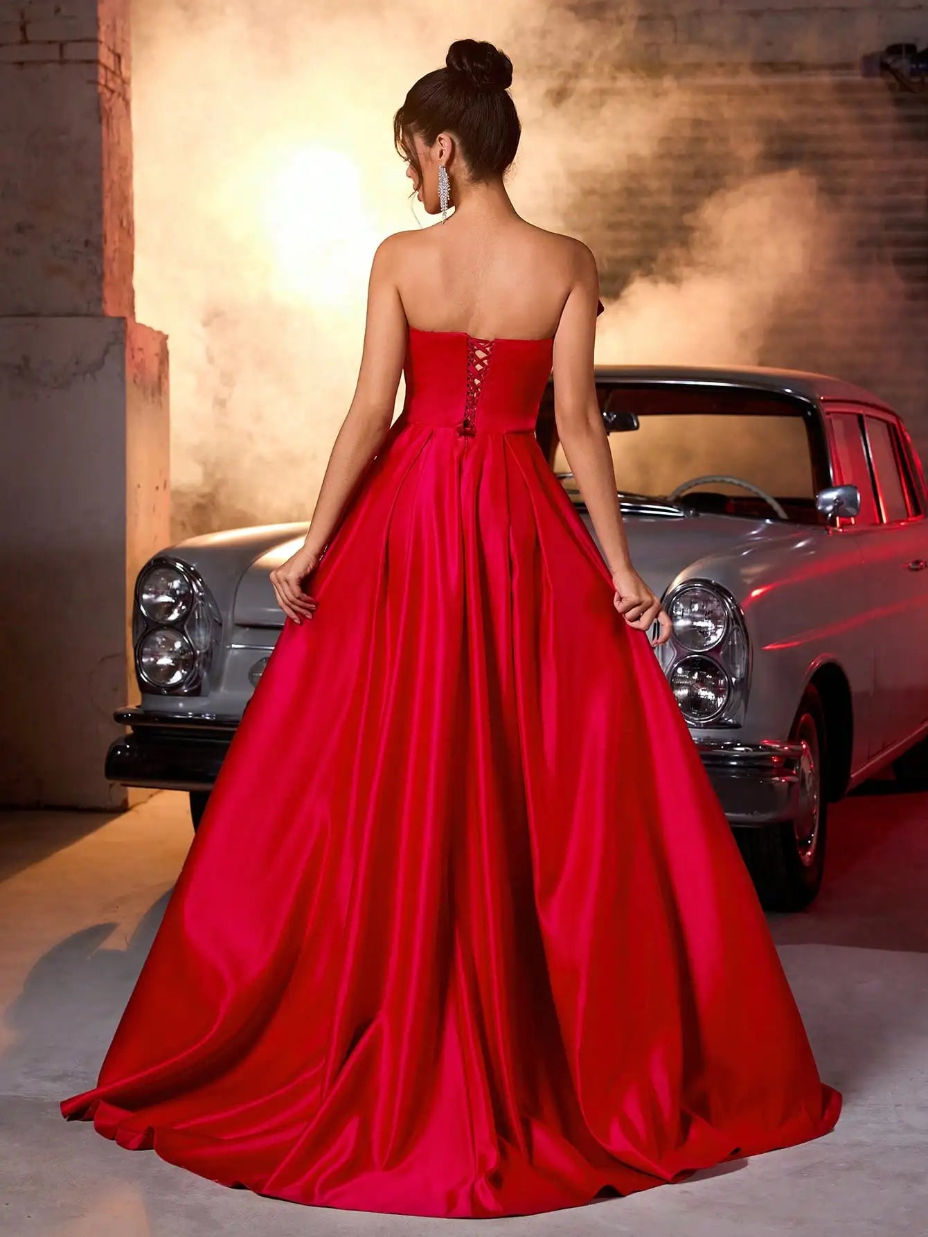 Red Satin Off-Shoulder Maxi Dress with Large Bow luxury wedding dress