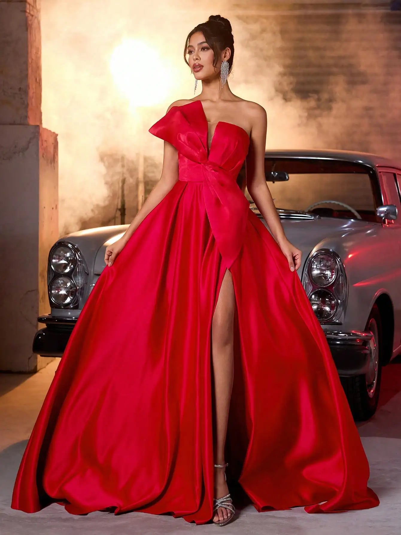 Red Satin Off-Shoulder Maxi Dress with Large Bow luxury wedding dress