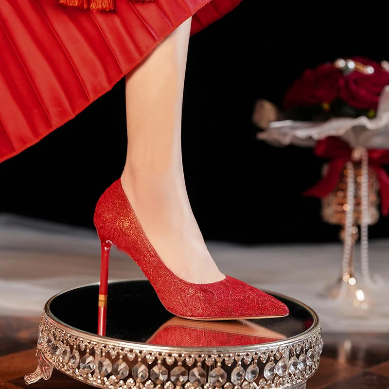 Pointed stiletto satin red gold high heels festive wedding dress wedding shoes